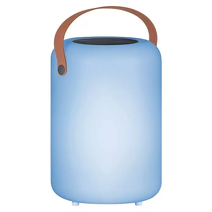 FHL easy Akku-Tischleuchte ORNO Solar - 0,5 W, L x B x H: 14 x 14 x 20 cm, Weiß, RGB, Solarbetrieben - Hellblaue tragbare Solarlaterne mit braunem Griff und schwarzem Solarpanel.