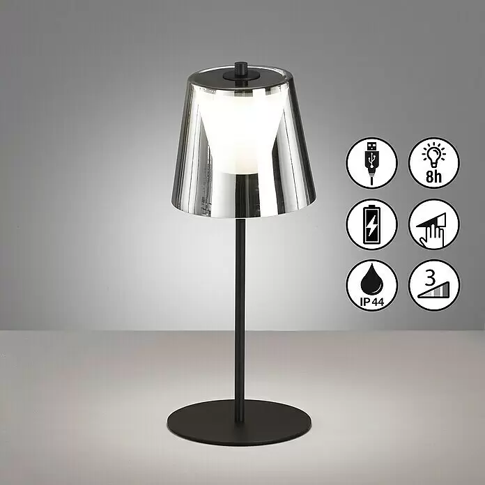 FHL easy Akku-Tischleuchte MARBELLA - 2 W, L x B x H: 14 x 14 x 35 cm, Rauchschwarz/ Sandschwarz, Warmweiß - Schwarze, wiederaufladbare Tischleuchte mit reflektierendem Kegelschirm, Touch-Dimmer und IP44-Schutz.