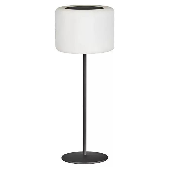 FHL easy Akku-Tischleuchte PINO - 0,5 W, L x B x H: 15 x 15 x 39,5 cm, Sandschwarz, RGB - Weiße zylindrische Stehleuchte mit schwarzem Ständer und rundem Fuß.