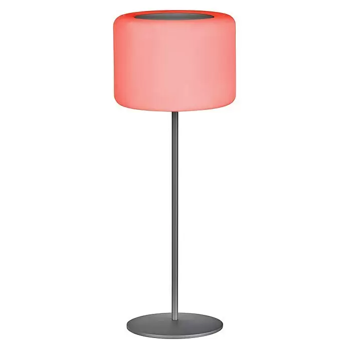 FHL easy Akku-Tischleuchte PINO - 0,5 W, L x B x H: 15 x 15 x 39,5 cm, Sandschwarz, RGB - Rote zylindrische Stehlampe mit dunkelgrauem Ständer und rundem Sockel.