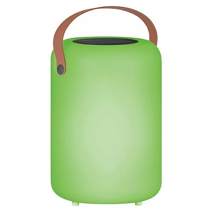 FHL easy Akku-Tischleuchte ORNO Solar - 0,5 W, L x B x H: 14 x 14 x 20 cm, Weiß, RGB, Solarbetrieben - Hellgrüne tragbare Lampe mit braunem Griff und Solarpanel oben.