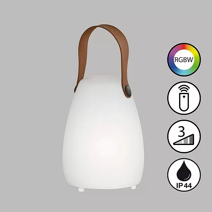 FHL easy Akku-Tischleuchte RUBY - 0,5 W, L x B x H: 12 x 12 x 16 cm, Weiß, RGBW, 1 Stk. - Weiße tragbare Lampe mit braunem Griff, RGBW-Licht, Fernbedienung, 3 Dimmstufen und IP44 Wasserschutz.