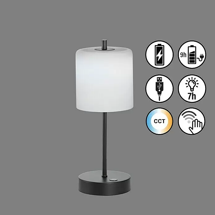 FHL easy Akku-Tischleuchte RIVA - 2 W, L x B x H: 13 x 13 x 34,5 cm, Opal matt/ Sandschwarz, Mehrfarbig - Schwarze, wiederaufladbare Tischlampe aus Metall mit weißem zylindrischem Schirm, einstellbarer Farbtemperatur und Touch-Bedienung.
