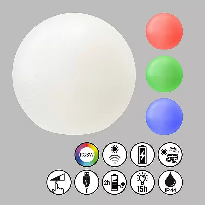 FHL easy Akku-Tischleuchte BUSSO - 0,1 W, L x B x H: 18 x 18 x 16 cm, Weiß, RGB - Große weiße kugelförmige Lampe, texturierte Oberfläche, RGBW-Farben, Smart-Funktionen, Solar-/USB-Ladung, Touch-Steuerung, IP44-Wasserdichtigkeit.