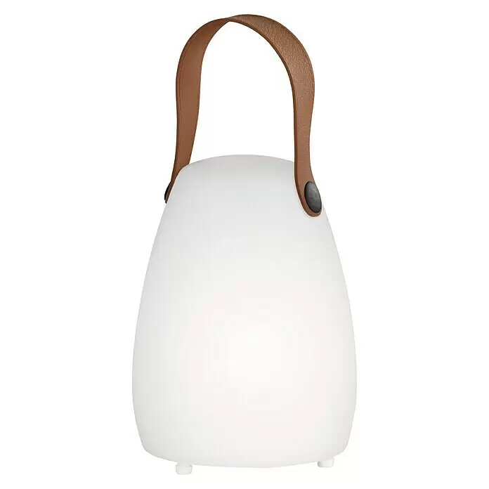 FHL easy Akku-Tischleuchte RUBY - 0,5 W, L x B x H: 12 x 12 x 16 cm, Weiß, RGBW, 1 Stk. - Weiße tragbare Lampe mit braunem Griff.
