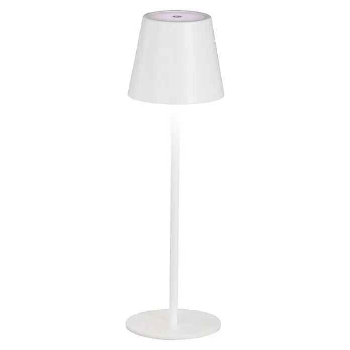 FHL easy Akku-Tischleuchte Viletto - 2 W, L x B x H: 11 x 11 x 36,5 cm, Sandweiß, Warmweiß - Weiße moderne Tischlampe mit kegelförmigem Schirm, schlankem Standfuß, rundem Sockel und beleuchtetem Einschaltknopf oben.