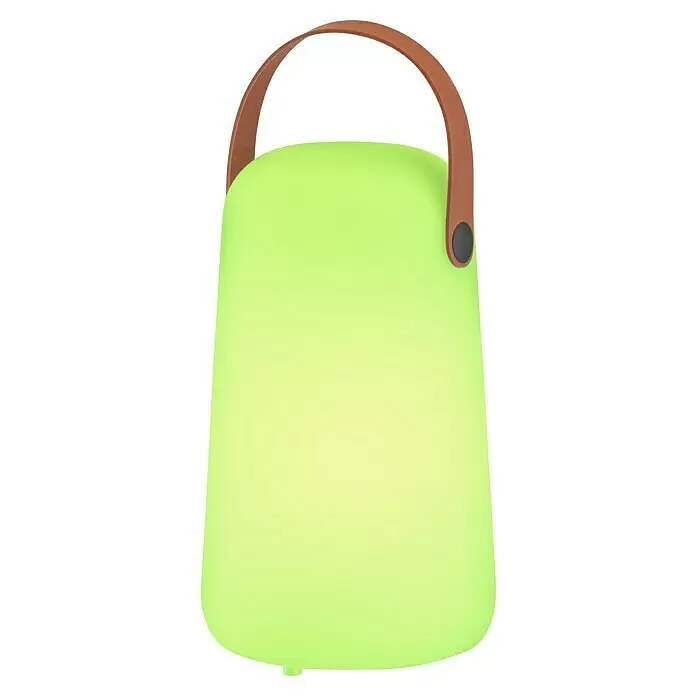 FHL easy Akku-Tischleuchte COLLGAR - 0,5 W, L x B x H: 12,5 x 12,5 x 21 cm, Weiß, RGB - Tragbare limonengrüne Lampe mit braunem Griff.