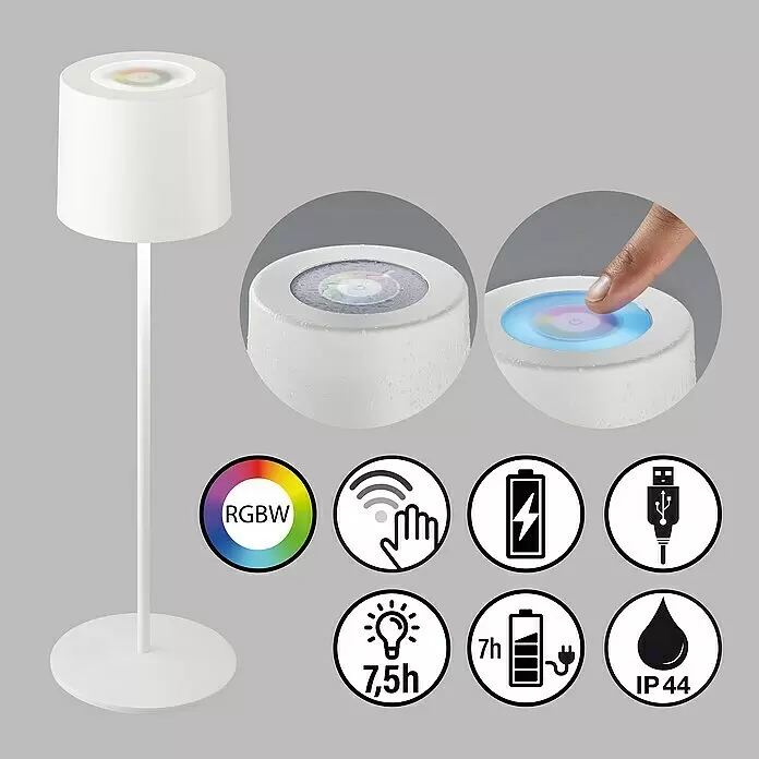 SCHÖNER WOHNEN-Kollektion Akku-Tischleuchte SUN - 2 W, L x B x H: 12 x 12 x 38 cm, Sandweiß, RGB - Weiße Tischleuchte mit Touch-RGBW-Licht, USB-aufladbar, 7,5h Leuchtdauer und IP44-Spritzwasserschutz.