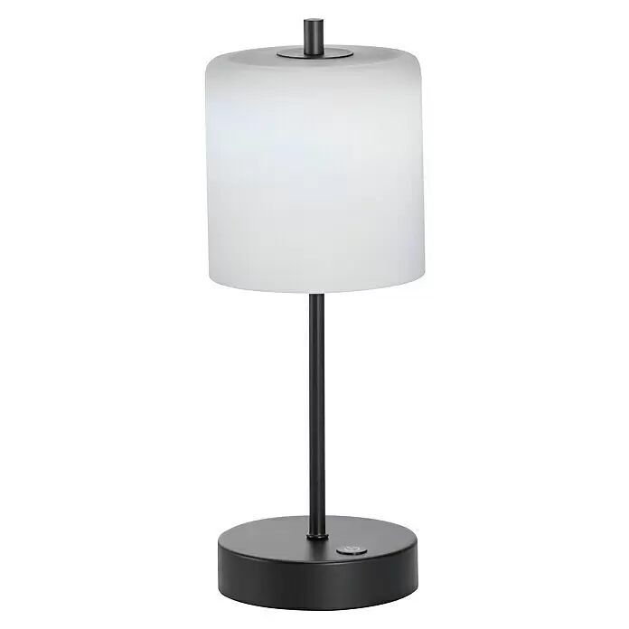 FHL easy Akku-Tischleuchte RIVA - 2 W, L x B x H: 13 x 13 x 34,5 cm, Opal matt/ Sandschwarz, Mehrfarbig - Schwarze Tischleuchte mit weißem zylindrischem Schirm und rundem Sockel.