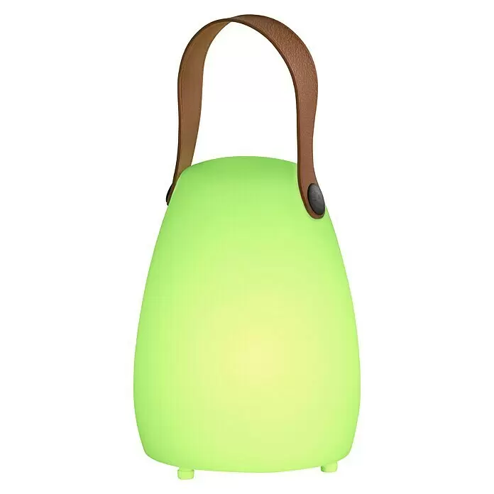 FHL easy Akku-Tischleuchte RUBY - 0,5 W, L x B x H: 12 x 12 x 16 cm, Weiß, RGBW, 1 Stk. - Hellgrüne tragbare Lampe mit braunem lederähnlichem Griff.
