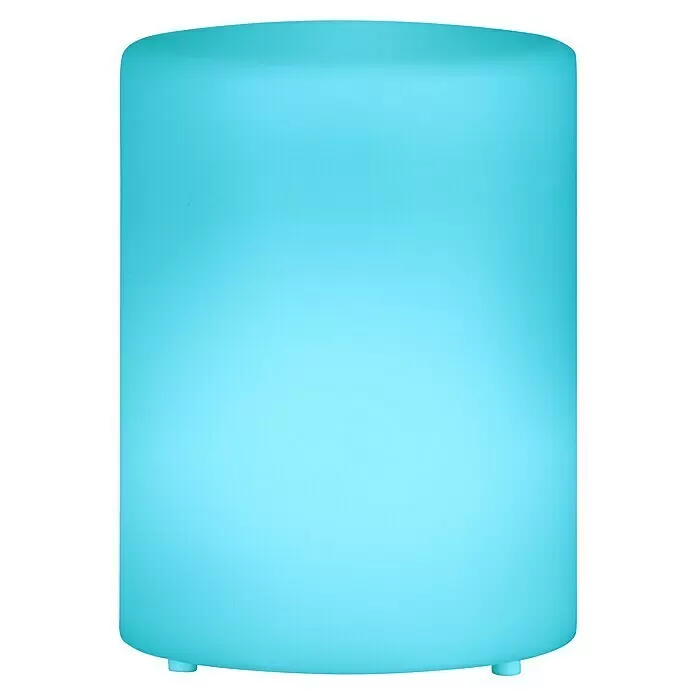 FHL easy Akku-Tischleuchte CEPPO - 0,1 W, L x B x H: 11 x 11 x 15 cm, Weiß, RGB - Hellblaue zylindrische Lampe mit abgerundeten Kanten und kleinen Füßen.