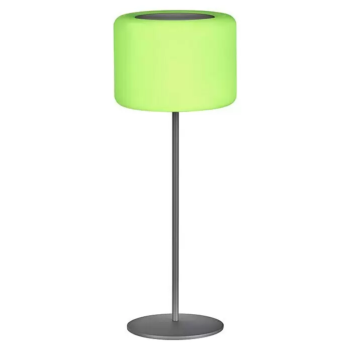 FHL easy Akku-Tischleuchte PINO - 0,5 W, L x B x H: 15 x 15 x 39,5 cm, Sandschwarz, RGB - Hellgrüne zylindrische Tischleuchte mit dunklem Metallfuß und runder Basis.