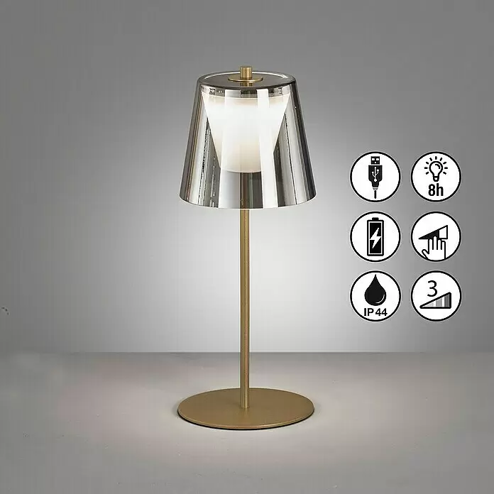 FHL easy Akku-Tischleuchte MARBELLA - 2 W, L x B x H: 14 x 14 x 35 cm, Gold, Warmweiß - Eine tragbare Tischlampe mit goldfarbenem Fuß und Ständer, einem Rauchglas-Schirm und einem weißen Innendiffusor. Sie ist wiederaufladbar und berührungsdimmbar.
