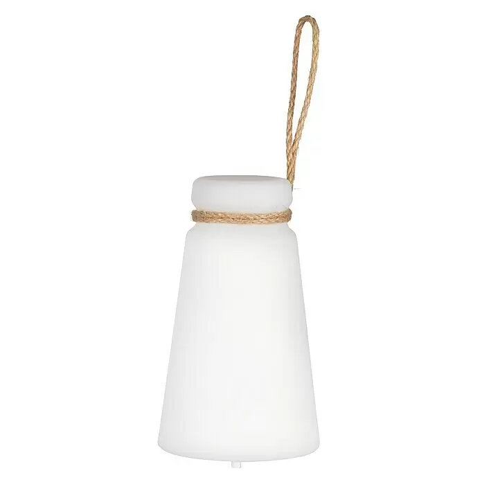 FHL easy Akku-Tischleuchte BRUNO - 0,5 W, L x B x H: 12 x 12 x 20 cm, Weiß, RGB - Mattweißer glockenförmiger Deko-Gegenstand mit Juteseilgriff und -umwicklung.