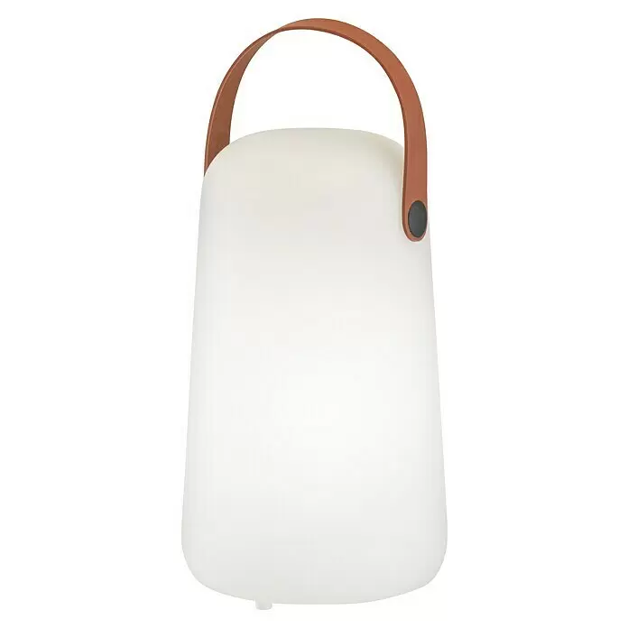 FHL easy Akku-Tischleuchte COLLGAR - 0,5 W, L x B x H: 12,5 x 12,5 x 21 cm, Weiß, RGB - Weiße tragbare Lampe mit braunem Lederimitat-Griff.