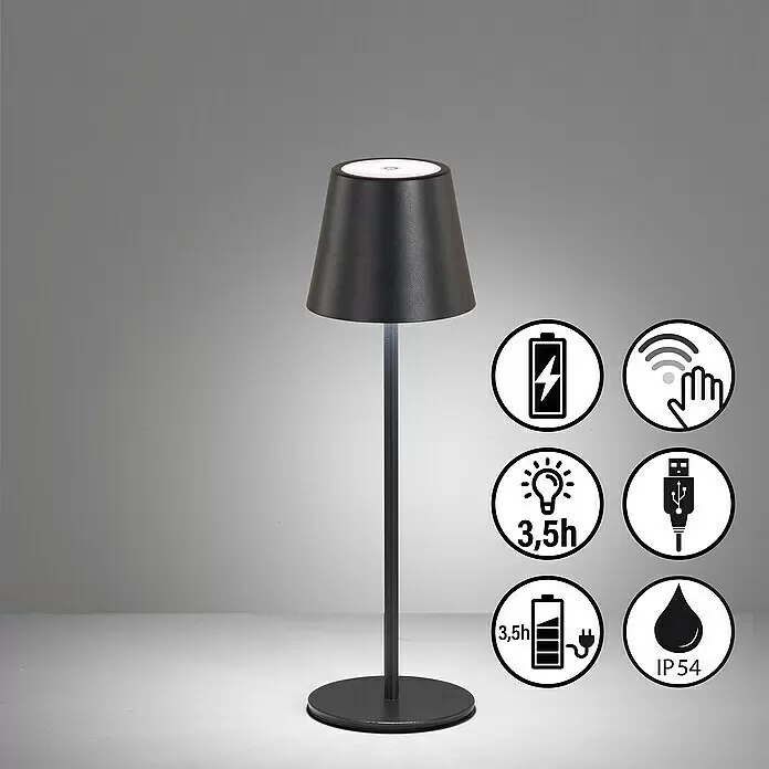 FHL easy Akku-Tischleuchte Viletto - 2 W, L x B x H: 11 x 11 x 36,5 cm, Sandschwarz, Warmweiß - Mattschwarze, tragbare Tischlampe mit Touch-Steuerung und wiederaufladbarem Akku.