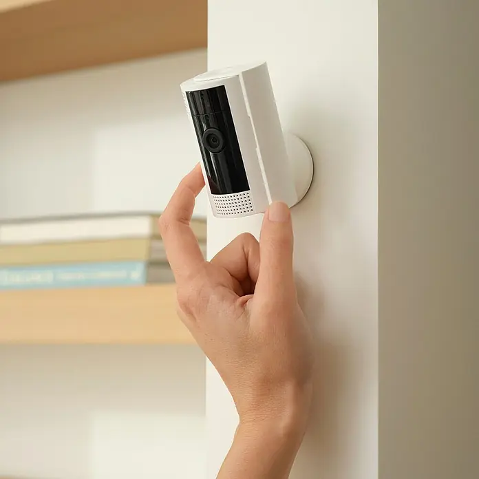 Ring Innenkamera Indoor Cam 2. Gen. - 1.080 Pixel (Full HD), Weiß, 1 Stk. - Nahaufnahme einer Hand, die eine kabellose Ring Sicherheitskamera an einer Wand befestigt. Die Kamera ist weiß mit einer schwarzen Vorderseite.