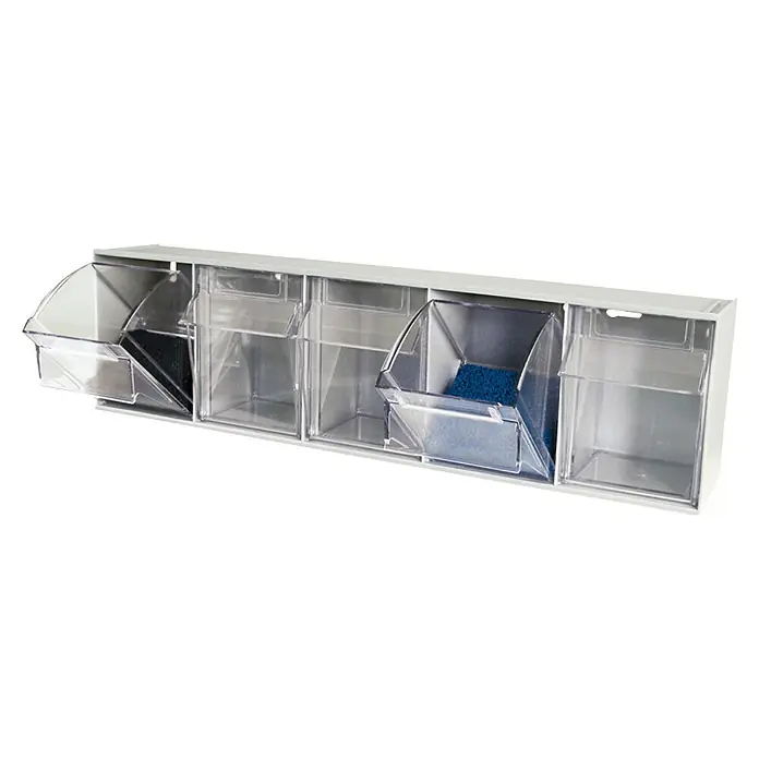 Tayg Organizador de piezas pequeñas - Blanco, Número de cajones: 5 ud., Bandeja extraíble - Contenedores de plástico para montaje en pared para guardar piezas pequeñas, ideales para taller, garaje o sala de hobbies. Almacenamiento claro con compartimentos transparentes.