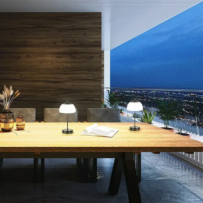 FHL easy Akku-Tischleuchte RIVA Glas - 2 W, L x B x H: 18 x 18 x 35 cm, Opal matt/ Sandschwarz, Mehrfarbig, Glas - Tisch mit zwei modernen Lampen, die sanftes Licht spenden und eine gemütliche Atmosphäre schaffen. Perfekt für lange Abende.