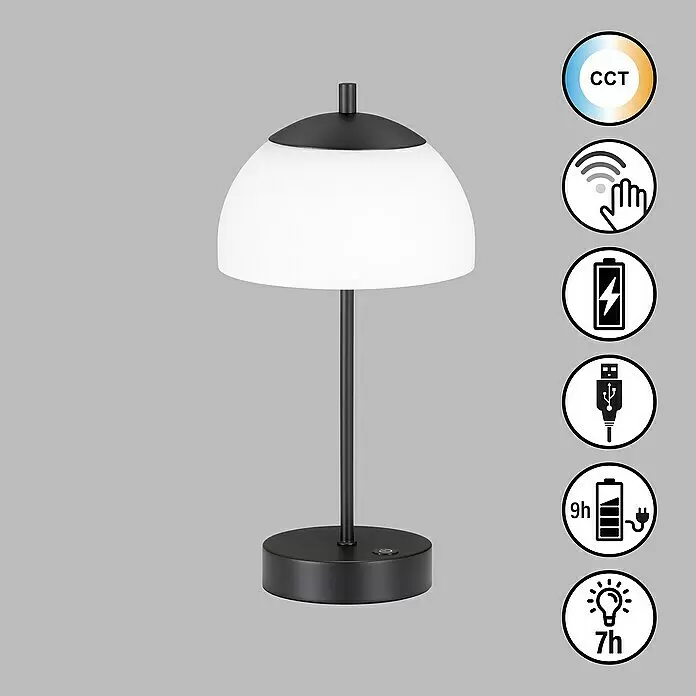FHL easy Akku-Tischleuchte RIVA Glas - 2 W, L x B x H: 18 x 18 x 35 cm, Opal matt/ Sandschwarz, Mehrfarbig, Glas - Mattschwarze Tischleuchte mit weißem, kuppelförmigem Diffusor. Sie ist wiederaufladbar und verfügt über Touch-Steuerung und einstellbare Lichtfunktionen.