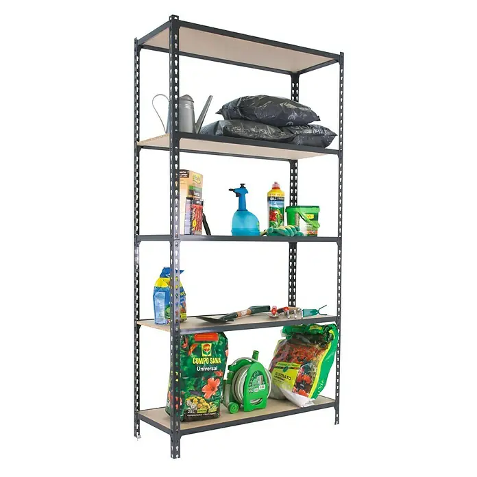 Simonrack Maderclick Metallregal Maderclick Plus - H x B x T: 200 x 100 x 40 cm, Traglast pro Boden: 150 kg, Anzahl Böden: 5 Stk., Stecken, Anthrazitgrau - Ein Regal mit fünf Ebenen, das mit Gartengeräten und -bedarf gefüllt ist, perfekt für die Organisation im Garten oder in der Garage.