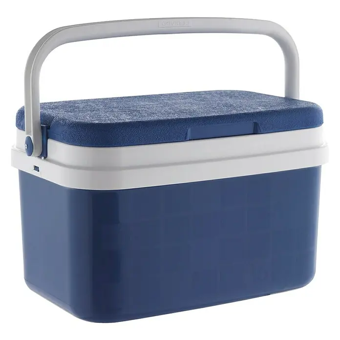 Nevera portátil - Polipropileno, 16 l - Nevera portátil azul con asa y detalles en blanco, ideal para picnics y actividades al aire libre para mantener fríos alimentos y bebidas.