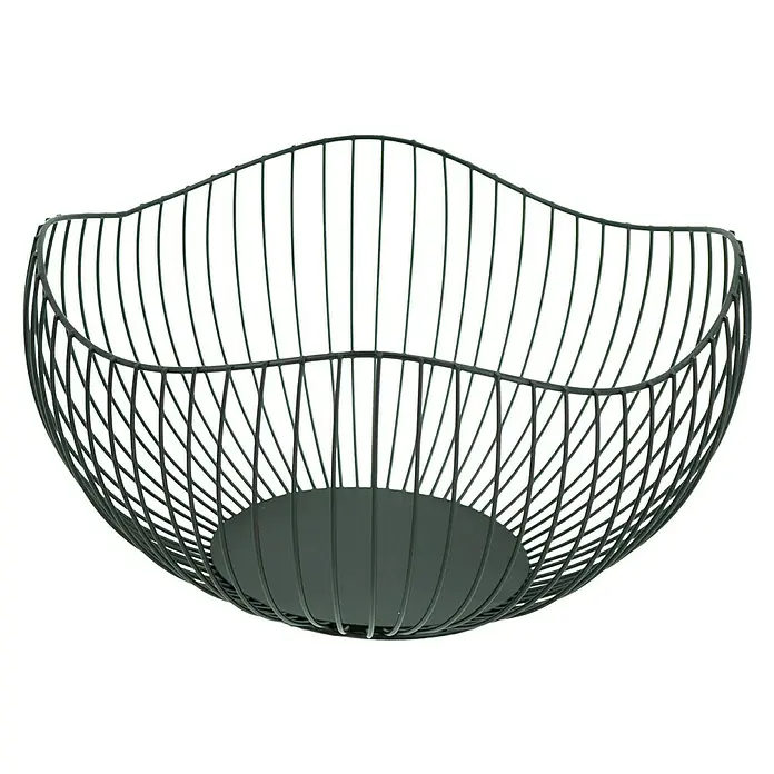 Schale Wellenform - Ø x H: 27 x 17 cm, Metall - Draufsicht auf eine moderne, graue Metalldraht-Obstschale mit gewelltem Rand und runder Basis vor schwarzem Hintergrund.