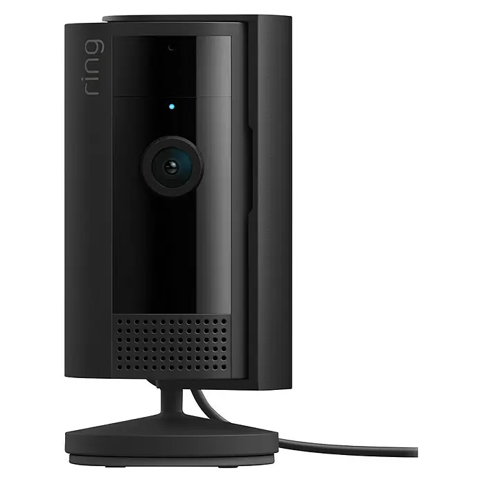 Ring Innenkamera Indoor Cam 2. Gen. - 1.080 Pixel (Full HD), Schwarz, 1 Stk. - Schwarze Ring Sicherheitskamera für den Innenbereich mit Standfuß und blauem Licht.