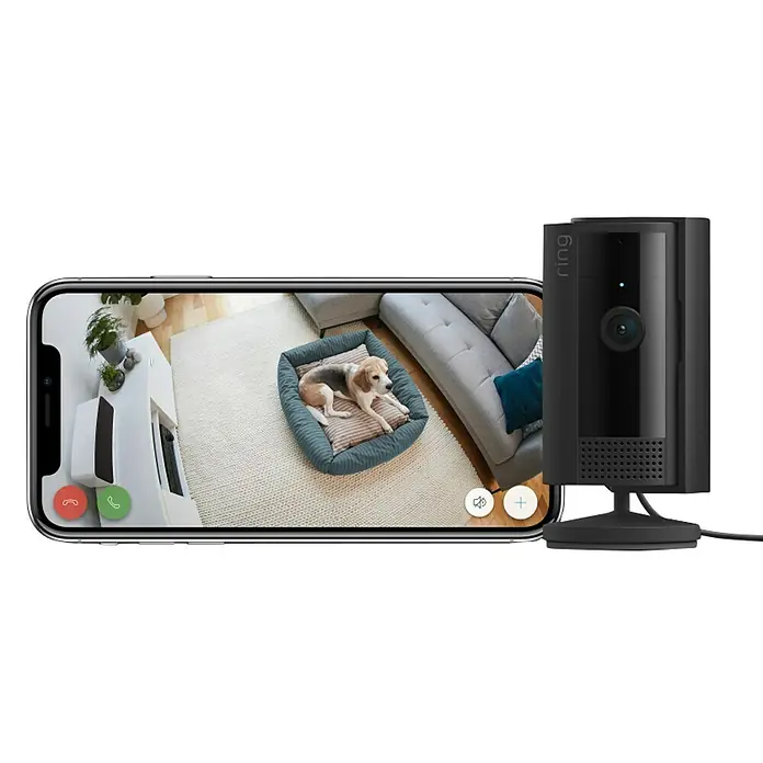 Ring Innenkamera Indoor Cam 2. Gen. - 1.080 Pixel (Full HD), Schwarz, 1 Stk. - Ein Ring Stick Up Cam neben einem Smartphone, das ein Live-Video eines Hundes in einem Hundebett zeigt.