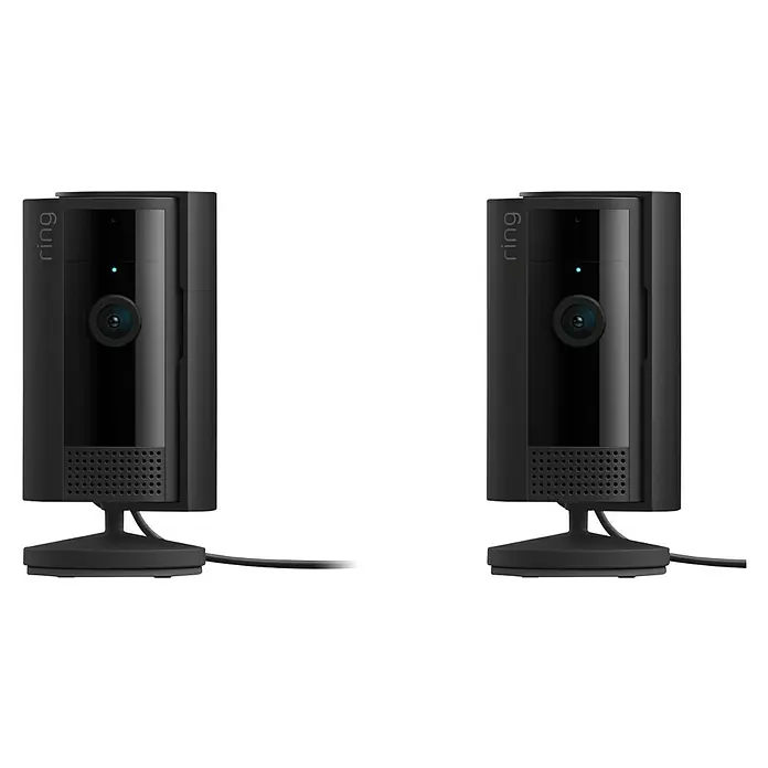 Ring Innenkamera Indoor Cam 2. Gen. - 1.080 Pixel (Full HD), Schwarz, 2 Stk. - Zwei schwarze Ring-Sicherheitskameras mit Standfuß. Ideal zur Überwachung von Innenräumen.