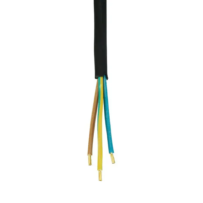 REV Alargo - 3 m, Negro, IP44, H05RR-F - Cables de alimentación pelados en varios colores que emergen de una funda de cable negra.