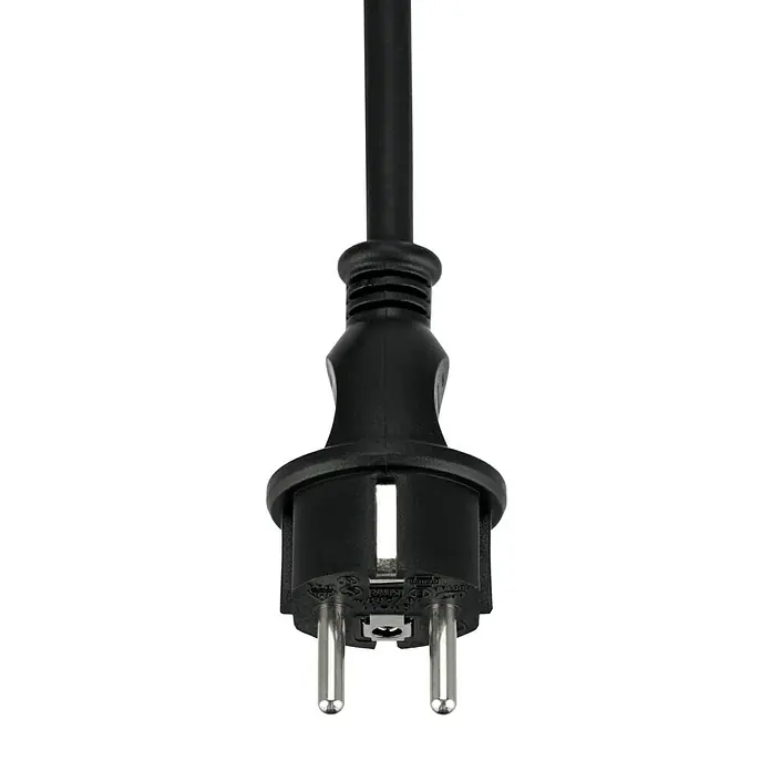 REV Alargo - 3 m, Negro, IP44, H05RR-F - Enchufe europeo negro con dos clavijas redondas y un cable negro para conectar aparatos electrónicos.