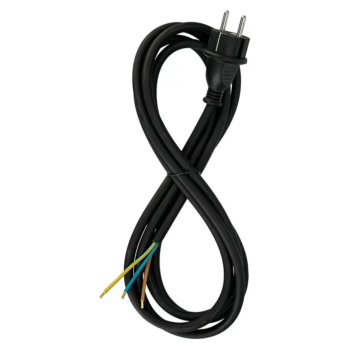 REV Alargo - 3 m, Negro, IP44, H05RR-F - Cable de alimentación negro con enchufe y cables expuestos en amarillo, azul y marrón.