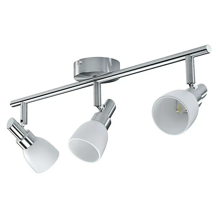 Osram LED-Deckenstrahler 827 - 6 W, L x B x H: 46,5 x 8 x 16 cm, Weiß/Silber, Warmweiß - Nahaufnahme einer stilvollen, verchromten Deckenleuchte mit drei weißen Strahlern, die modernes Design und Funktionalität vereint.