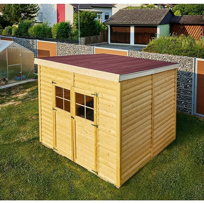 Gutta Guttanit Wellplatte - 2.000 x 900 x 2,25 mm, Kunststoff, Rot - Holzschuppen mit Doppeltür und rotem Dach im Garten. Ideal zur Aufbewahrung von Gartengeräten und Werkzeugen. Robust und wetterfest.