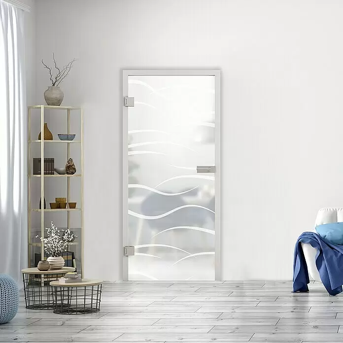Diamond Doors Glasdrehtür 540 - 709 x 1.972 mm, DIN Anschlag: Links, Milchglas - In einem modernen Raum installierte Innentür aus Milchglas mit weißem Wellenmuster und weißem Rahmen.