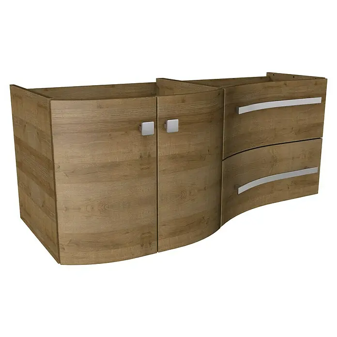Badmöbel-Set WAV12B2 - Gesamtbreite Badmöbel: 120 cm, Berg Eiche, Matt, DIN Anschlag: Links - Einrichtungselement in Holzoptik mit abgerundeten Kanten, bestehend aus Schrank und Schubladen mit Griffen.