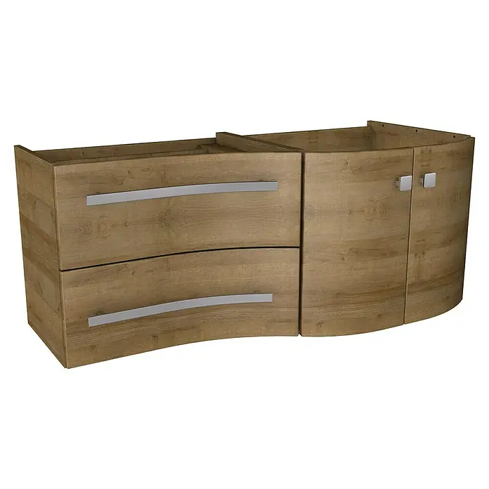 Badmöbel-Set WAV12B1RE - Gesamtbreite Badmöbel: 120 cm, Berg Eiche, Matt, DIN Anschlag: Rechts - Moderner Unterschrank in Holzoptik mit Schubladen und Fächern, ideal für stilvolle Badezimmergestaltung.