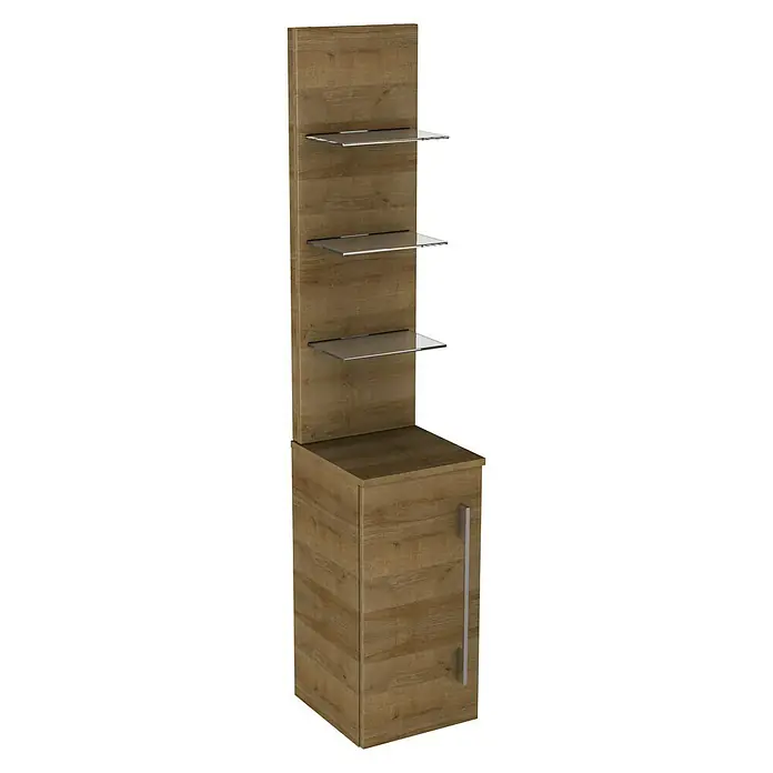 Camargue Stella Seitenschrank - 30,4 x 32,5 x 151,6 cm, Berg Eiche - Ein hochformatiger Holzschrank mit Regalen und einer Tür bietet stilvollen Stauraum. Perfekt für Bad oder Wohnraum, modernes Design.