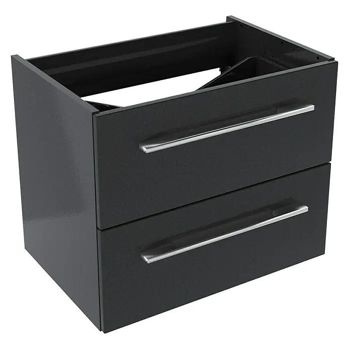 Badmöbel-Set G62G11 - Gesamtbreite Badmöbel: 60 cm, Grafit, Hochglänzend, 3 -tlg. - Schwarzer Waschbeckenunterschrank mit zwei Schubladen und silbernen Griffen. Ideal für Badezimmer und Gäste-WCs.