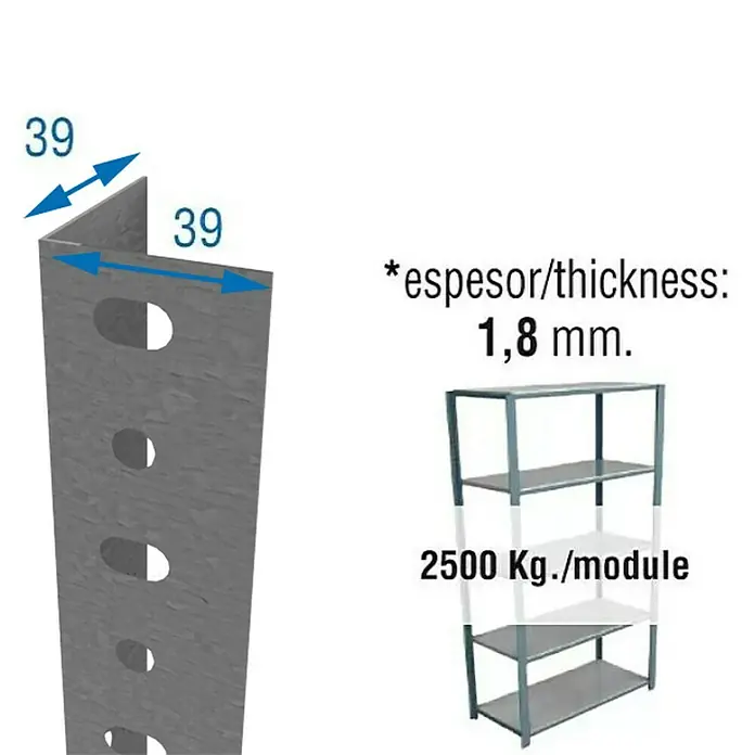Simonrack Simonclassic Perfil angular - L x An x Al: 200 x 3,9 x 3,9 cm, Metal, Galvanizado - Perfil angular de estantería con detalles de dimensiones e información sobre el grosor y la capacidad de carga de una estantería.