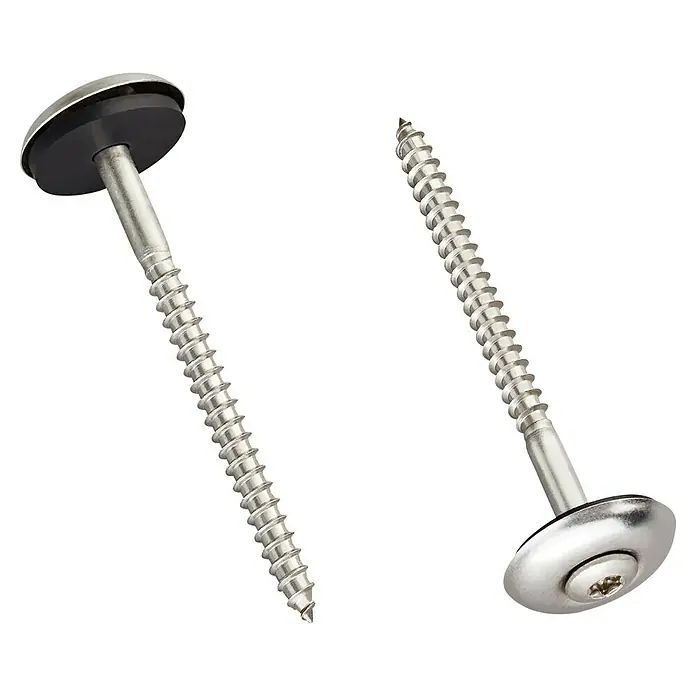 Gutta Guttanit Spenglerschraube - Ø x L: 4,5 x 65 mm, Edelstahl V2A, 50 Stk. - Das Bild zeigt zwei Stockschrauben mit Torx-Antrieb und unterschiedlichen Kopfvarianten vor einem schwarzen Hintergrund.
