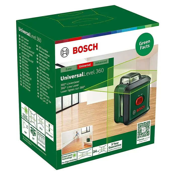 Bosch Universal Nivel láser en cruz Level 360 Premium Set - Zona de trabajo máx.: 24 m - La imagen muestra el embalaje del láser de línea Bosch Universal Level 360, una herramienta verde para nivelación y alineación precisas.