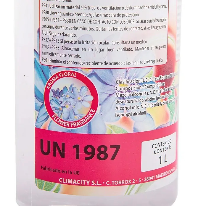 Purline Bioetanol Floral - 1 l - Etiqueta de una botella con aroma floral, UN 1987, contenido de 1 litro. Ingredientes: mezcla de alcohol.
