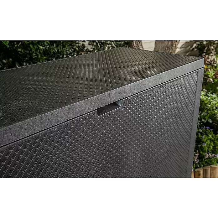 Keter Arcón para cojines de exterior Emily - 117,8 x 44,6 x 58 cm, Plástico, Gris - Baúl de almacenamiento exterior gris oscuro con patrón texturizado de mimbre y asa integrada.