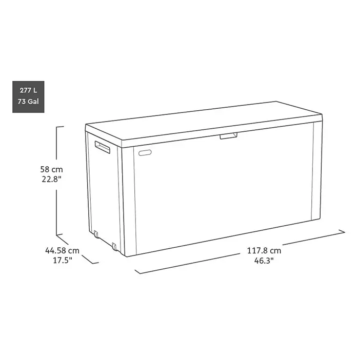 Keter Garten-Aufbewahrungsbox Emily - L x B x H: 117,8 x 44,6 x 58 cm, Graphite, Kunststoff - Darstellung der Abmessungen einer 277L/73 Gal großen Aufbewahrungsbox mit den Maßen 58 x 44,58 x 117,8 cm.
