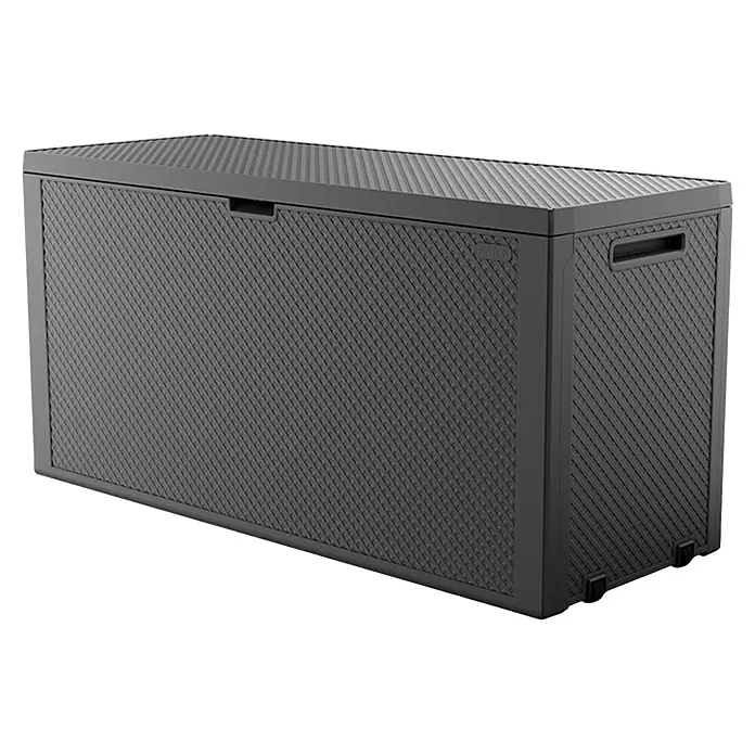 Keter Arcón para cojines de exterior Emily - 117,8 x 44,6 x 58 cm, Plástico, Gris - Una caja de jardín de plástico rectangular gris con una superficie acanalada y asas empotradas en los lados. Ideal para el almacenamiento al aire libre.