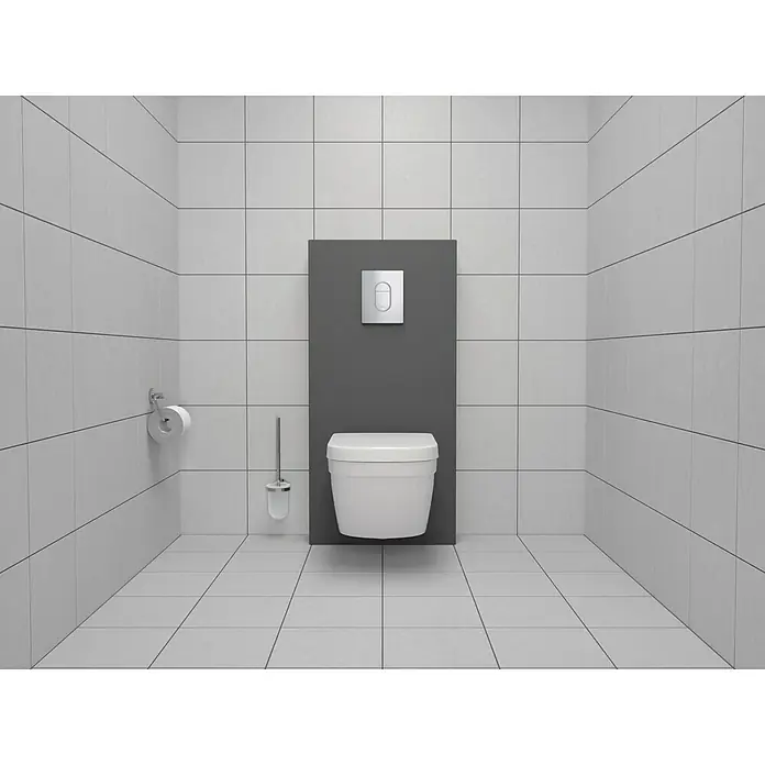Grohe Essentials WC-Bürstengarnitur - Mit Halterung, Chrom, Glänzend - Eine moderne Toilette mit Spültaste und Toilettenbürste in einem gefliesten Badezimmer.