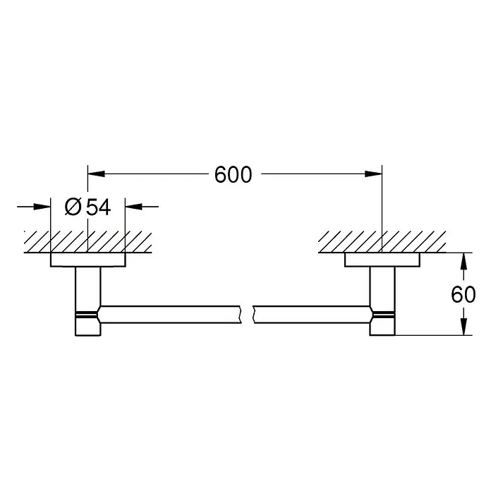 Grohe Essentials Badetuchhalter - Breite: 65,4 cm, Chrom, Glänzend - Skizze einer Grohe Essentials Authentic Haltegriff, Abmessungen sind ø54, 60 und 600mm, zur Verwendung im Badezimmer.
