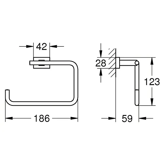 Grohe Essentials Cube Handtuchring - Chrom, Glänzend - Technische Zeichnung eines Toilettenpapierhalters mit Maßangaben für Installation und Design.